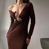 Bonnyshow autumn and winter new fashion hollow pleated slim slim long-sleeved dress elegant sexy party dress club clothing