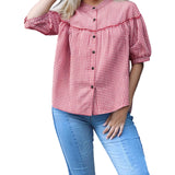 Bonnyshow  Women s Plaid Button Down Shirt Casual Loose Fit 3 4 Long Sleeve Round Neck Tops Comfortable Casual Wear Stylish Checkered
