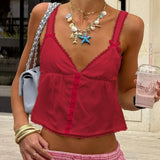 Bonnyshow  Women's Fairy 2000s Summer Tops Mini Bows Straps V Neck Crop Tops Open Back Lace Trim Button Tank Tops Streetwear