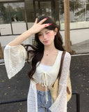 Bonnyshow  Summer New Lace Oversized Cardigan Y2k E-Girl V-neck Lace Up All-match Shirts Mujer Mid-length Long Sleeve Tops Women