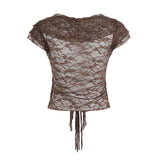 Bonnyshow  Y2K Fashion Lace Crop Top Brown V-neck Lace Up Cardigan Tee Shirt See Through Chic Sexy Short Sleeve T-shirt Summer