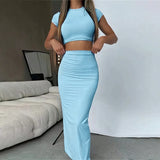 Bonnyshow Summer Sexy T-shirt Skirt Two Piece Set Women New Short Sleeve O-Neck Crop Top High Waist Skirt Solid Fashion Casual Slim Suit