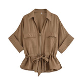 Bonnyshow  Women Adjustable Drawstring Waist Safari Shirt Short Sleeve Lapel Collar With   Pockets Loose Blouse Streetwear Lady Shirts