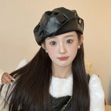 Bonnyshow Autumn Leather Berets Hat for Women Korean Solid Color Octagonal Cap Female Girls Japanese Vintage Painter Artist Hats