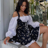 Bonnyshow Women's Summer Puff Sleeve Strap Tube Top Fake Two Piece French Dress Floral Suspender Skirt Elegant Party Club Outfit