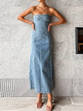 Bonnyshow  Side Slit Denim Bodycon Dress For Women Slim Sleeveless Maxi Dresses Women's Street Sexy Streetwear Woman Autumn  New