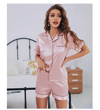 Bonnyshow Womens Silk Satin Pajamas Set Short Sleeve Two-piece Pj Sets Sleepwear Loungewear Button-Down