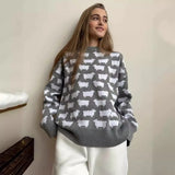 Bonnyshow Elegant Knitted Sweaters Women Fashion Sheep Round Neck Pullovers Autumn Winter Long Sleeve Casual Loose Jumpers