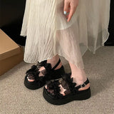 Bonnyshow  Women's Layered Bow Platform Sandals - Thick Cushioned Sole with Adjustable Ankle Buckle for Summer Casual Wear