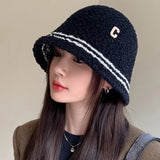 Bonnyshow Winter Lamb Fleece Bucket Hat Women Solid Color Letter Fisherman Cap Korean Wide-brim Windproof Dome Plush Hats