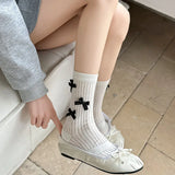 Bonnyshow Lolita Bow Socks for Women Spring Summer Cotton Mid-tube Sock Y2K Girls Japanese Bowknot Solid Color JK Socks