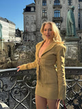 Bonnyshow  Retro Lace Up Suit Jacket Mini Skirt Set Women Sexy Hollow Out Lapel Jackets A-lined Skirts Female's Sets 2025 Chic Streetwear