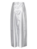 Bonnyshow  - Silvery Slim High Split Long Skirt Women Patchwork Pocket High Waist Fashion Solid Maxi Skirt Metallic Female Long Skirt