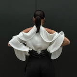 Bonnyshow spring French design fashionable halter top ruffled round neck off-shoulder long-sleeved high-end white shirt