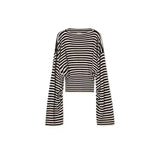 Bonnyshow  Casual Stripe Loose Shirt Skirt Suit Women Long Flare Sleeve O-neck Shirt High Waist Short Skirts 2025 Summer Autumn Suit Lady