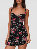 Bonnyshow  Fashion Sleeveless Floral Print Mesh Lace Dresses for Women 2025 Summer Spaghetti Strap Backless Bodycon Mini Party Club Dress