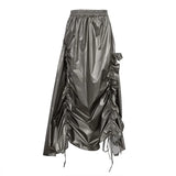 Bonnyshow Gray Shirring Maxi Skirts for Women Fashion High Waist Irregular A-line Skirt Autumn Winter Vintage Ruffle Y2K Skirt