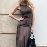 Bonnyshow Brown Ruched Maxi Dress for Women Elegant Sleeveless Slim Evening Party Dresses Summer Fashion Bandage Holiday Outfits