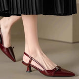 Bonnyshow  New Summer French Wine Red Pointed Patent Leather Mid-heel Overhead Sandals for Women Retro Skinny Heel Back Empty Shoes