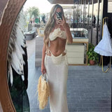 Bonnyshow Apricot Beach Skirt Sets Women Fashion 3 Piece Bikini Set with Cover Up Sexy Halter Crop Top and Long Skirt Holiday Outfits