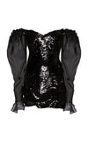 Bonnyshow New Stylished Sparkle Sequined Black Short Cocktail Dresses See Thru Puff Sleeves Floral Women Mini Dresses To Party