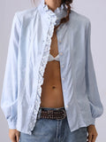 Bonnyshow  Solid Embroidery Cotton Blouse Women Lace Trim Stand Collar Single Breasted Long Sleeve Blouses Simple Casual Fashion Shirt Tops