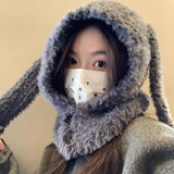 Bonnyshow Y2K Rabbit Ears Plush Hat for Women Winter Warm Fluffy Fur Balaclava Cap Solid Color Lady Girls Ear Protection Beanie Caps 바라클라바