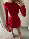 Bonnyshow Bows Long Sleeve Sexy Red Mini Dress For Women Solid Long Sleeve Bodycon A-Line Dress Elegant Autumn Winter Partywear