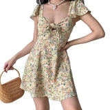 Bonnyshow  Pastoral Cute Floral Chest Strap Flying Sleeve Dress Women Dress Short Sleeves Lace Up High Thin In Summer Long Skirt For Female