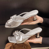 Bonnyshow  French Style Bow Square Head Women's Wedge Slippers Summer New 1 Slip-on Fashionable Casual Slide Slippers