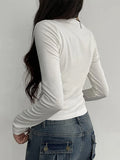 Bonnyshow Bandage Folds Square Collar Crop Top Women Fairycore y2k White T Shirts Basic Knitted Elegant Tees Vintage 2000s Clothing