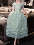 Bonnyshow  Green Short Sleeve Round Collar Tierred Ruffles A Line Dresses For Women 2025 Spring Fashion Female New Dress TH9104