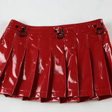 Bonnyshow Autumn Winter Christmas Red PU Leather Mini Pleated Skirts Fashion Metal Rings Casual A-line Y2K Streetwear Skirt Clubwear