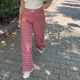 Bonnyshow  Plaid Print Straight Pants Lace Patchwork Bow Aesthetic Y2K Baggy Trousers Fashion Streetwear Joggers Women Bottom