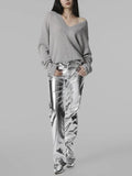 Bonnyshow New Autumn Winter Women's Silver PU Leather Pants Fashionable Shiny High Waisted Glow Trousers Ins Chic Straight Pants