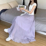 Bonnyshow  French Elegance Women Midi Skirts Y2K Summer Streetwear Patchwork A Line Pleated Skirts High Waist Loose All-Match Long Skirts