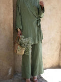 Bonnyshow  Stripe Lace Up Women's Pant Set V-neck Full Sleeve Shirts High Waist Patchwork Wide Leg Pants Lady Suit Autumn Street Outfits