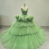 Bonnyshow Real Image Big Volume Pleated Tulle Evening Dresses Ruffles Trimmed Tutu Tulle Wedding Gowns Bridal Dress