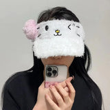 Bonnyshow Kawaii Cat Women Plush Hollow Hat Sun Protection Hat Y2k Cute Japanese Cap Outdoor Sports Beach Hat Birthday Gift Accessories