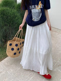 Bonnyshow  French Elegance Women Midi Skirts Y2K Summer Streetwear Patchwork A Line Pleated Skirts High Waist Loose All-Match Long Skirts