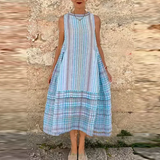 Bonnyshow  Summer Elegant O-neck Big Hem Pullover Dress 2024 Vintage Striped Print Long Dress Women Casual Sleeveless Loose Halter Dress