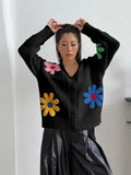 Bonnyshow Flower Crochet Women's Pullover Sweater Knitted V-neck Cardigan Cute Floral Long Sleeve Women Sweaters Autumn Fashion Pullovers