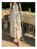 Bonnyshow  Korean Fashion Summer Chiffon French Elegant Midi Dress Women Beach Style Sexy Strap Dress Party Casual One Piece Dress