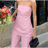 Bonnyshow  Women Pant Sets Two Piece Set Sexy Backless Sleeveless Pink Vest Loose Wide Leg Pants Suit Female Summer Fashion Lady Outfits