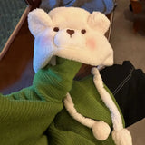 Bonnyshow Winter Plush Hat for Women Cute Cartoon Bear Ears Female Windproof Cap Solid Color Warm Lamb Fleece Ear Protection Hats