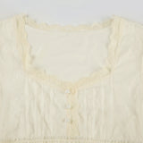 Bonnyshow  Beige Lace Transparent Short Sleeves T-shirt Y2K Aesthetic Fake Buttons Fitted Crop Top Elegant Casual Tee Streetwear