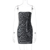 Bonnyshow Leopard Sequins Mini Dress Women Sexy Backless Bodycon Strapless Dresses Fashion Sleeveless Club Party Christmas Dress