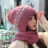 Bonnyshow Winter Thicken  Add Fur Knitted Soft Hat With Scarf Outdoor Cycling Windproof Keep Warm Balaclava Pompoms Ball Caps