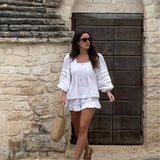 Bonnyshow  Cotton Lined Women 's Shorts Suit Solid Square Collar Full Sleeve Shirts Elastic Waist Short Pants Female Sets Summer Beachwears