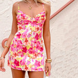 Bonnyshow  Women Summer Boho Floral Mini Cami Dress Spaghetti Strap Flowy Short Sling Dress Sleeveless Low Cut Holiday Sundress
